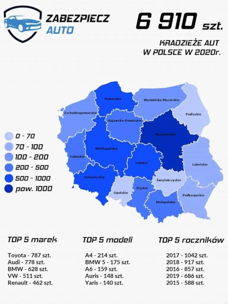 Kradzieże samochodów w 2020 - mapa