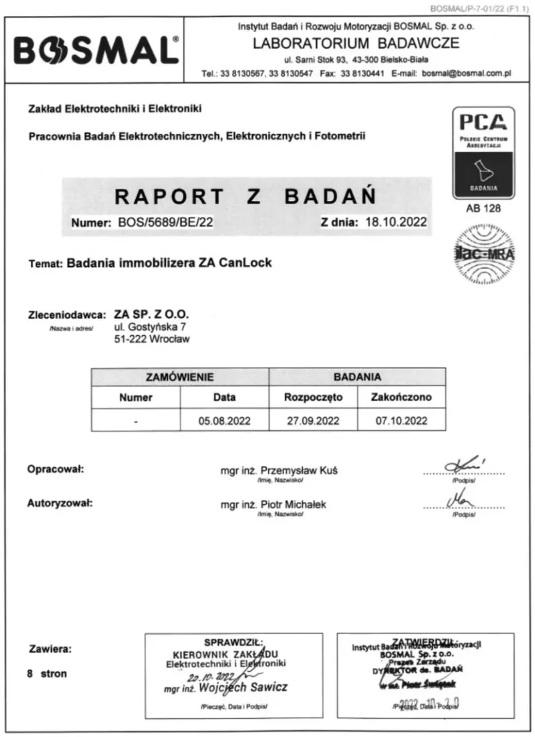 Potwierdzenie spełnienia badań w zakresie testów elektrycznych i temperaturowych