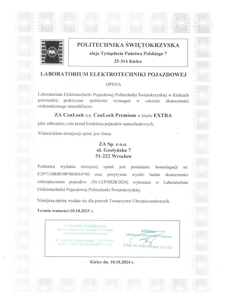 Podstawie homologacji E20 przez Laboratorium Politechniki Świętokrzyskiej p